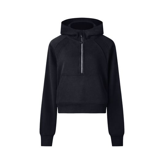 Model wearing Cropped Half-Zip Hoodie — heavyweight cotton hoodie with boxy oversized fit and distressed wash. Australian streetwear by Vantage Heritage.