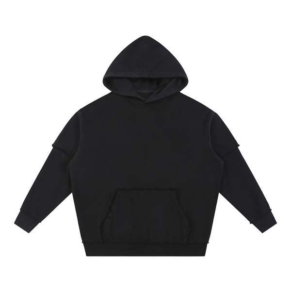 Model wearing Snow Washed Raw Edge Double Layered Hoodie — heavyweight cotton hoodie with boxy oversized fit and distressed wash. Australian streetwear by Vantage Heritage. 1