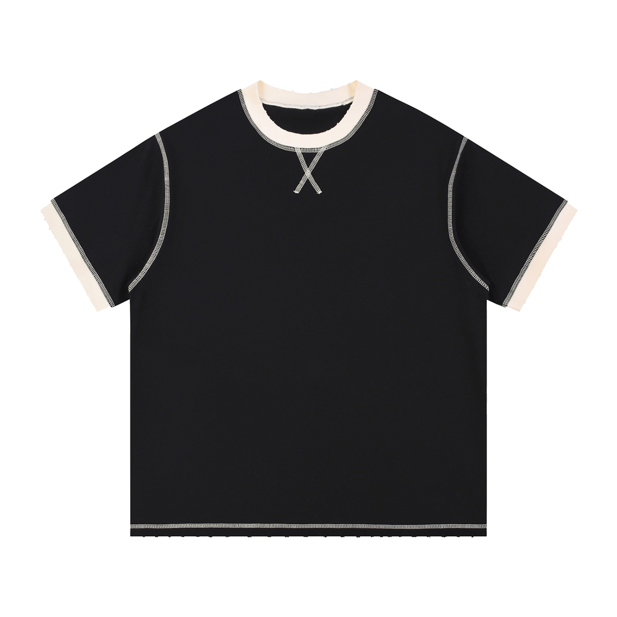 Model wearing Contrast-Stitched Cotton T-Shirt — drop-shoulder oversized cotton tee with sun-faded vintage wash. Australian streetwear by Vantage Heritage.