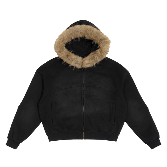 Model wearing Sun Fade Boxy Detachable Fur Hoodie — heavyweight cotton hoodie with boxy oversized fit and distressed wash. Australian streetwear by Vantage Heritage.