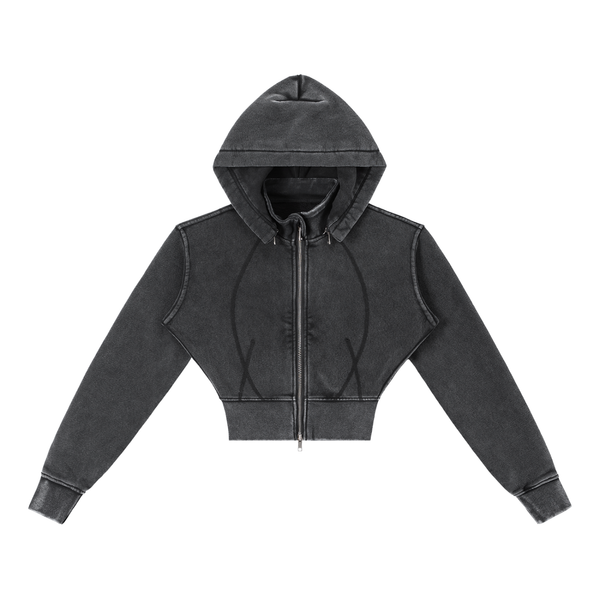 Model wearing Vintage Washed Cropped Fleece Hoodie — heavyweight cotton hoodie with boxy oversized fit and distressed wash. Australian streetwear by Vantage Heritage. 1