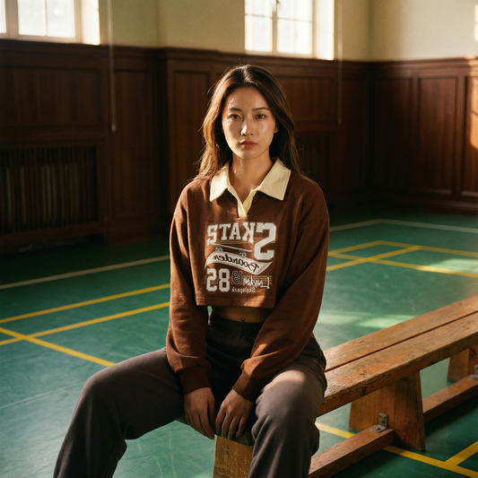 Model wearing Personalized Retro Street Style Lapel Pullover Sweater — heavyweight knit with distressed detailing. Australian streetwear by Vantage Heritage.
