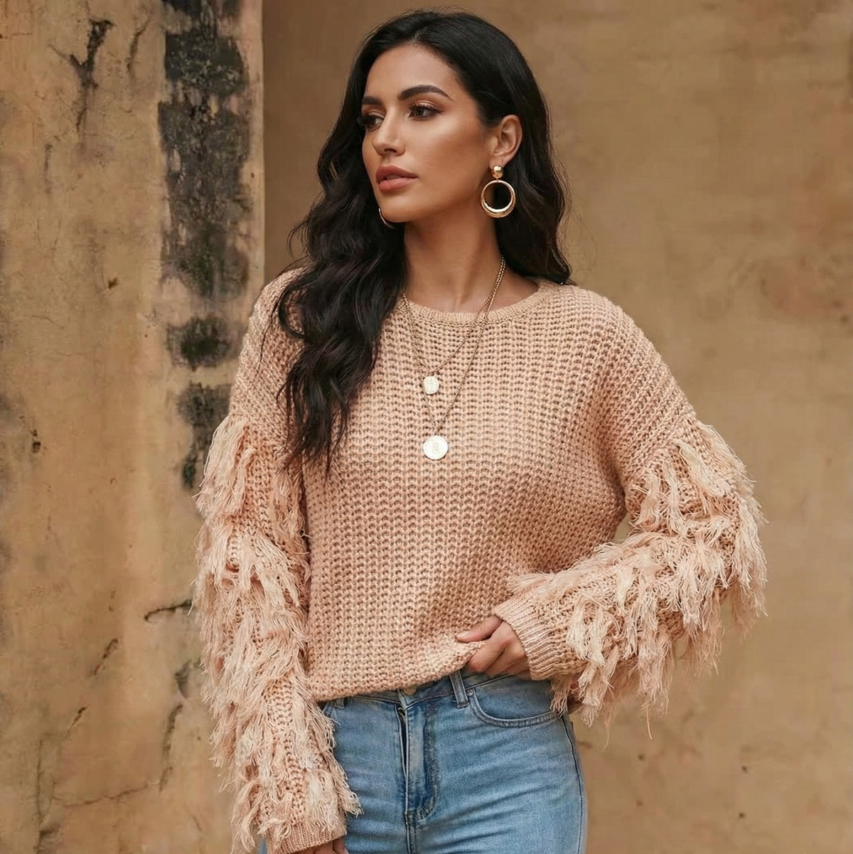 Model wearing Fringe Sweater - Loose Fit Knitwear — heavyweight knit with distressed detailing. Australian streetwear by Vantage Heritage.