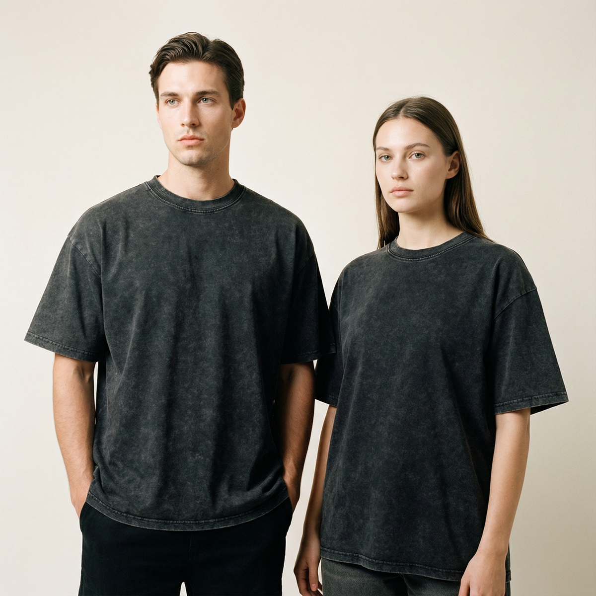 Model wearing Snow Washed Oversized Cotton T-Shirt — drop-shoulder oversized cotton tee with sun-faded vintage wash. Australian streetwear by Vantage Heritage.