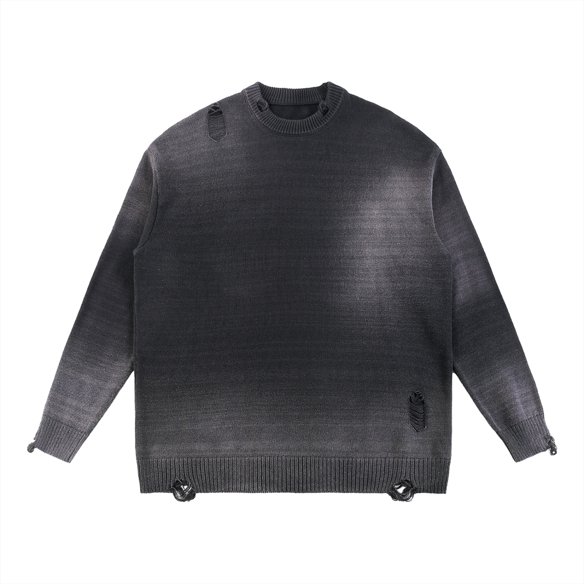 Model wearing Sun Fade Distressed Ripped Crewneck sweater — heavyweight knit with distressed detailing. Australian streetwear by Vantage Heritage.
