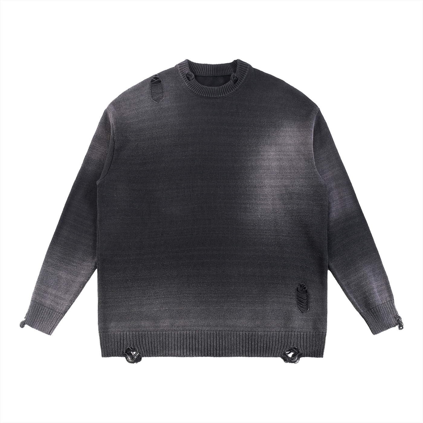 Model wearing Sun Fade Distressed Ripped Crewneck sweater — heavyweight knit with distressed detailing. Australian streetwear by Vantage Heritage.