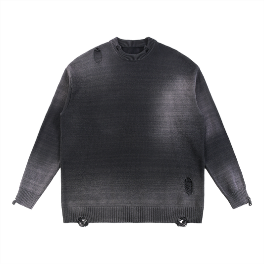 Model wearing Sun Fade Distressed Ripped Crewneck sweater — heavyweight knit with distressed detailing. Australian streetwear by Vantage Heritage.