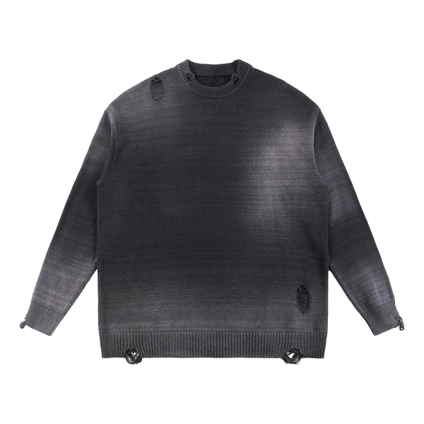 Model wearing Sun Fade Distressed Ripped Crewneck sweater — heavyweight knit with distressed detailing. Australian streetwear by Vantage Heritage. 1