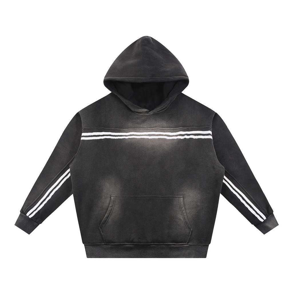 Model wearing Sun Fade Contrast Tape Fleece Hoodie — heavyweight cotton hoodie with boxy oversized fit and distressed wash. Australian streetwear by Vantage Heritage.