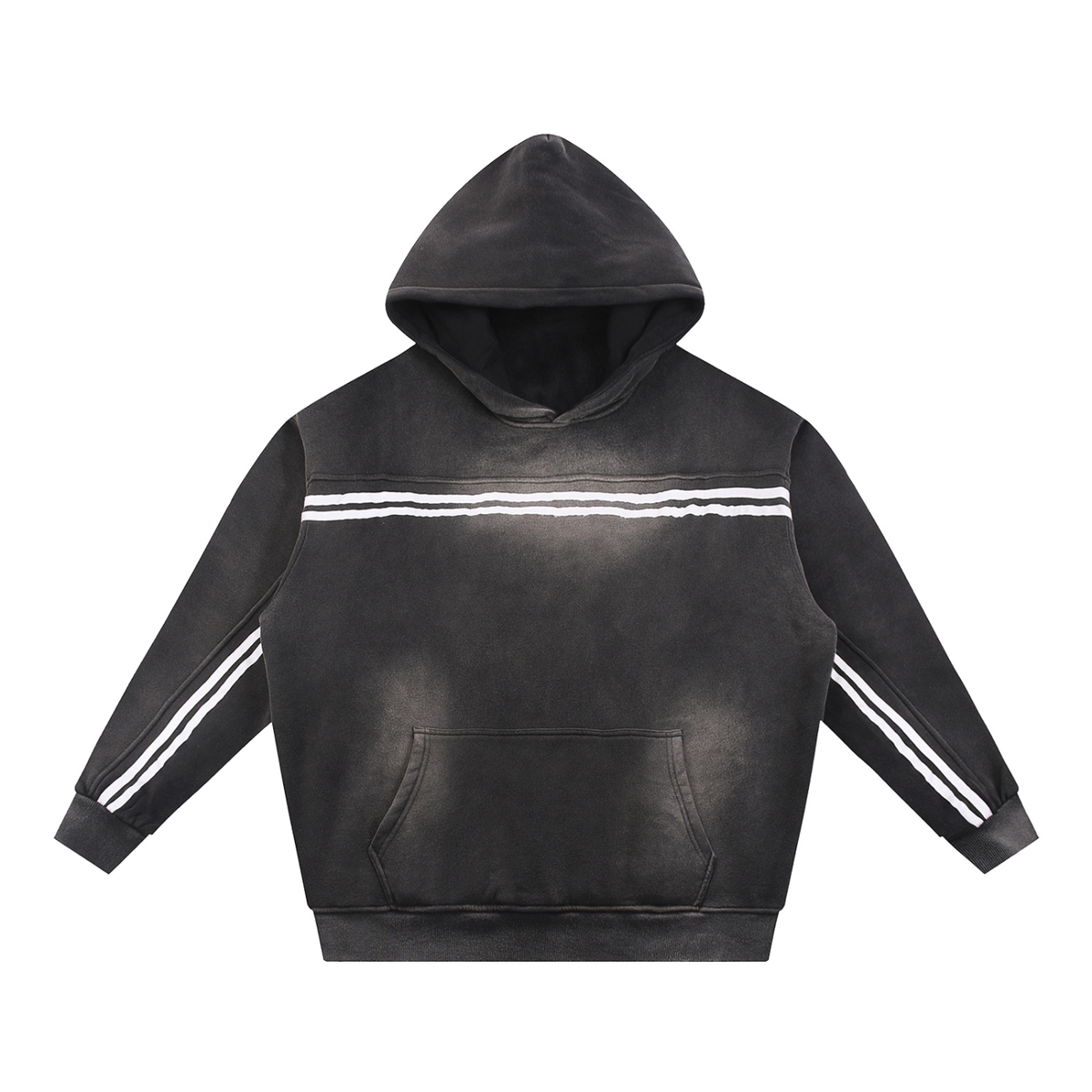 Model wearing Sun Fade Contrast Tape Fleece Hoodie — heavyweight cotton hoodie with boxy oversized fit and distressed wash. Australian streetwear by Vantage Heritage.