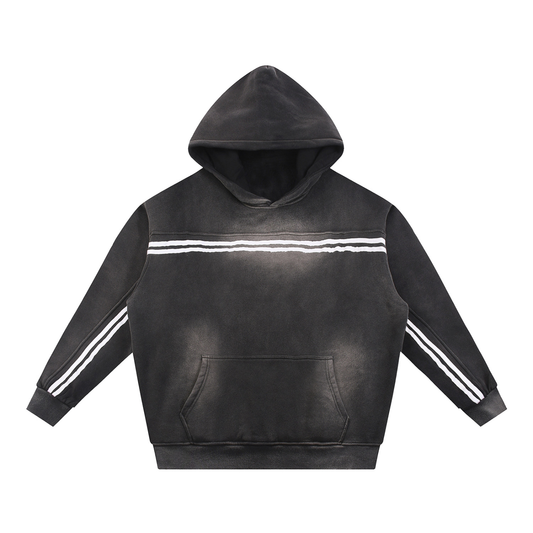 Model wearing Sun Fade Contrast Tape Fleece Hoodie — heavyweight cotton hoodie with boxy oversized fit and distressed wash. Australian streetwear by Vantage Heritage.