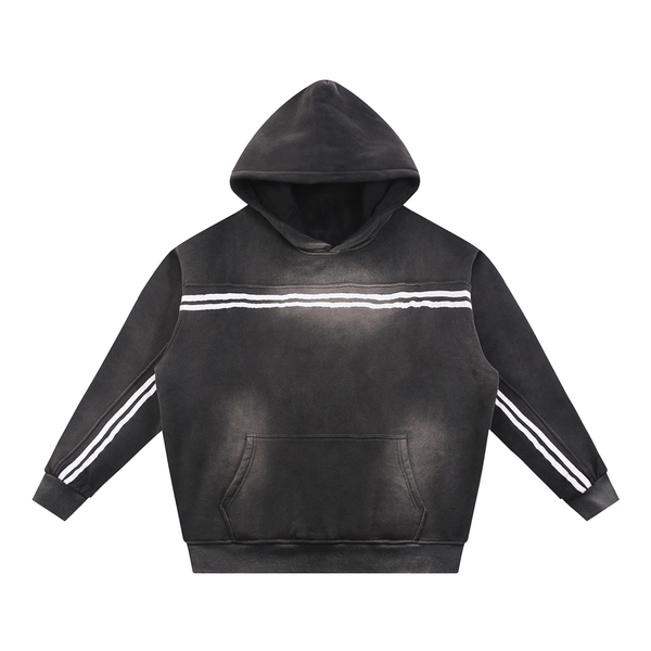 Model wearing Sun Fade Contrast Tape Fleece Hoodie — heavyweight cotton hoodie with boxy oversized fit and distressed wash. Australian streetwear by Vantage Heritage. 1