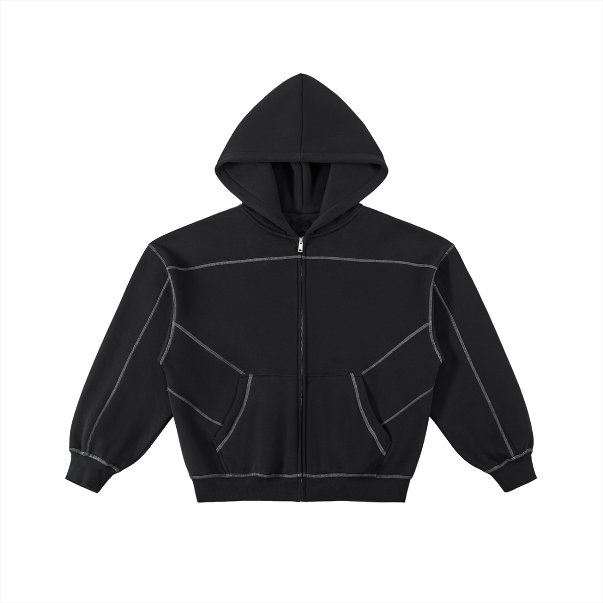 Model wearing Contrast-Stitched Boxy Fleece Zip Hoodie — heavyweight cotton hoodie with boxy oversized fit and distressed wash. Australian streetwear by Vantage Heritage.