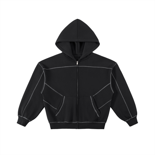 Model wearing Contrast-Stitched Boxy Fleece Zip Hoodie — heavyweight cotton hoodie with boxy oversized fit and distressed wash. Australian streetwear by Vantage Heritage.