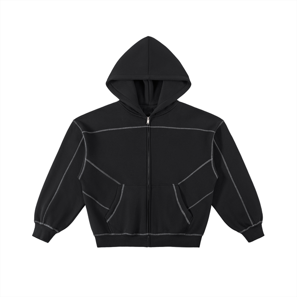 Model wearing Contrast-Stitched Boxy Fleece Zip Hoodie — heavyweight cotton hoodie with boxy oversized fit and distressed wash. Australian streetwear by Vantage Heritage. 1