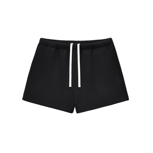 Model wearing Essential Fleece Drawstring Sweatshorts — fleece drawstring shorts with vintage wash. Australian streetwear by Vantage Heritage.