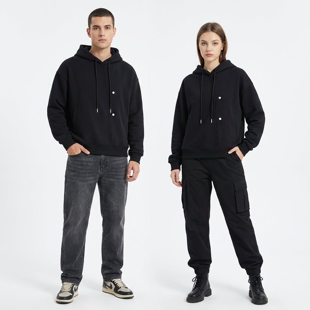 Model wearing Boxy Button Placket Hoodie — heavyweight cotton hoodie with boxy oversized fit and distressed wash. Australian streetwear by Vantage Heritage.