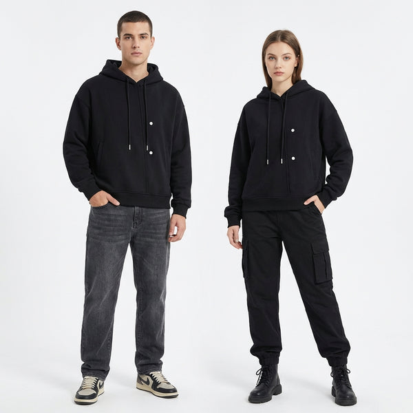 Model wearing Boxy Button Placket Hoodie — heavyweight cotton hoodie with boxy oversized fit and distressed wash. Australian streetwear by Vantage Heritage. 1