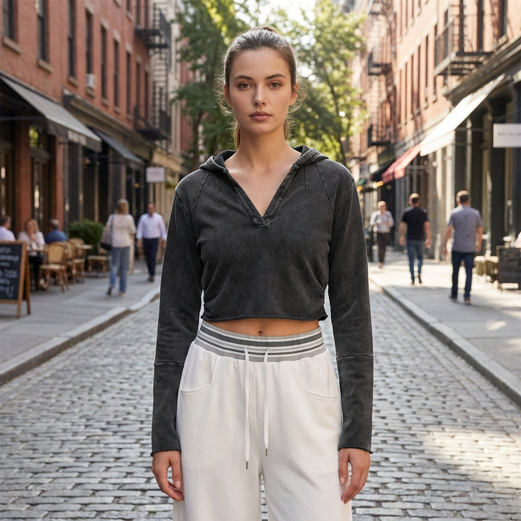 Model wearing Vintage Washed Raw Edge Hoodie — heavyweight cotton hoodie with boxy oversized fit and distressed wash. Australian streetwear by Vantage Heritage.
