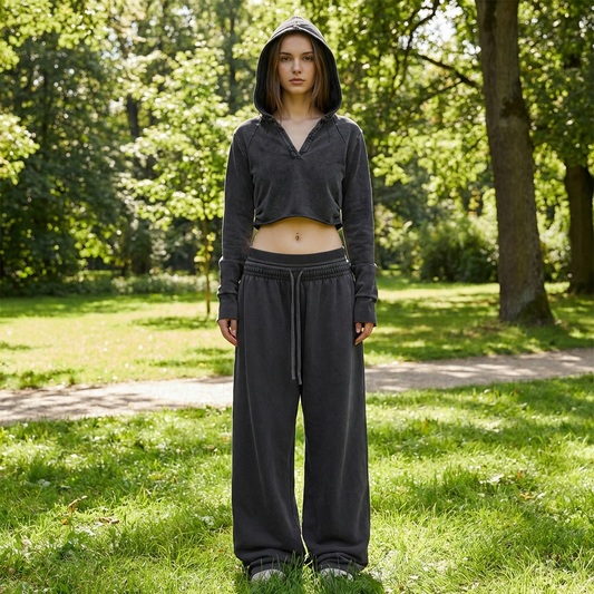 Model wearing Vintage Washed Waist Pants — vintage-washed baggy fit denim with raw hem. Australian streetwear by Vantage Heritage.