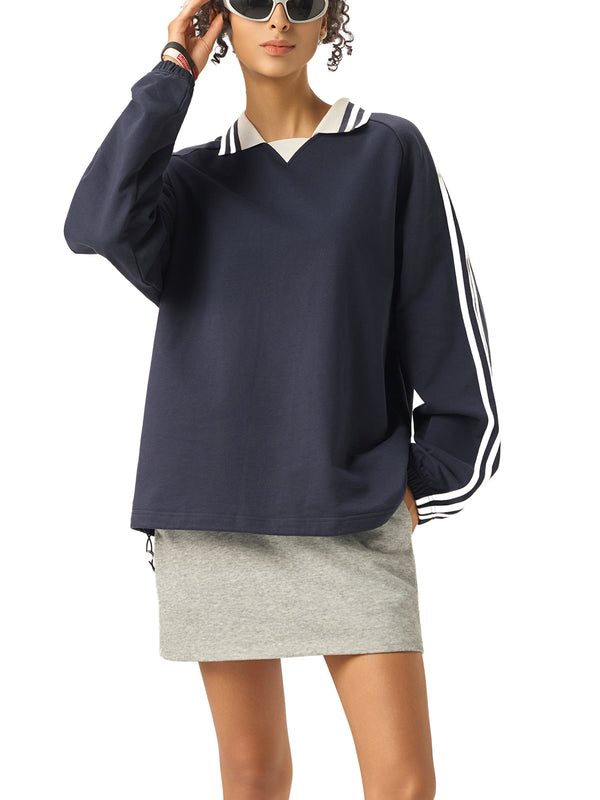 Contrast Striped Lapel Collar Sweatshirt 19