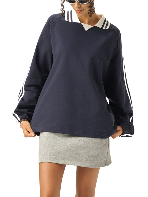 Contrast Striped Lapel Collar Sweatshirt 21