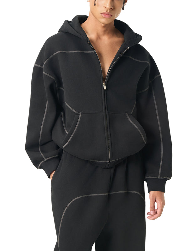 Contrast-Stitched Boxy Fleece Zip Hoodie 11