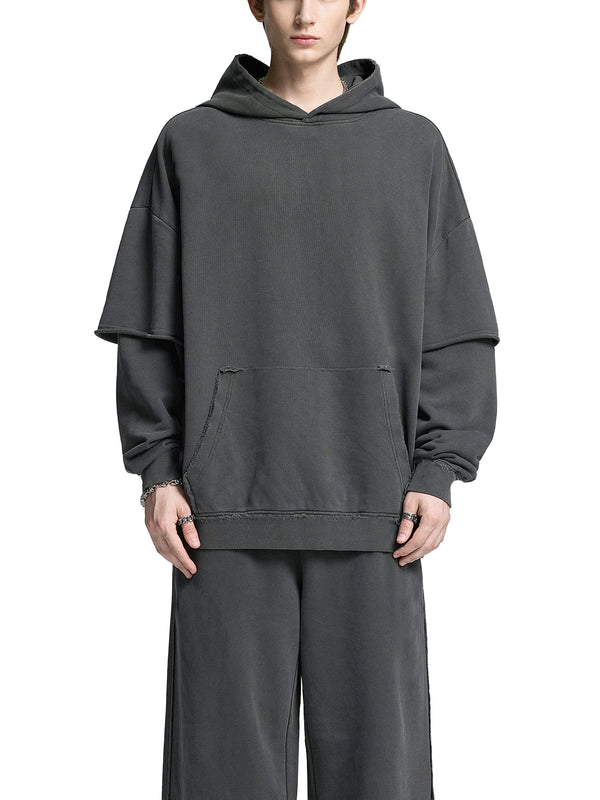 Snow Washed Raw Edge Double Layered Hoodie 7