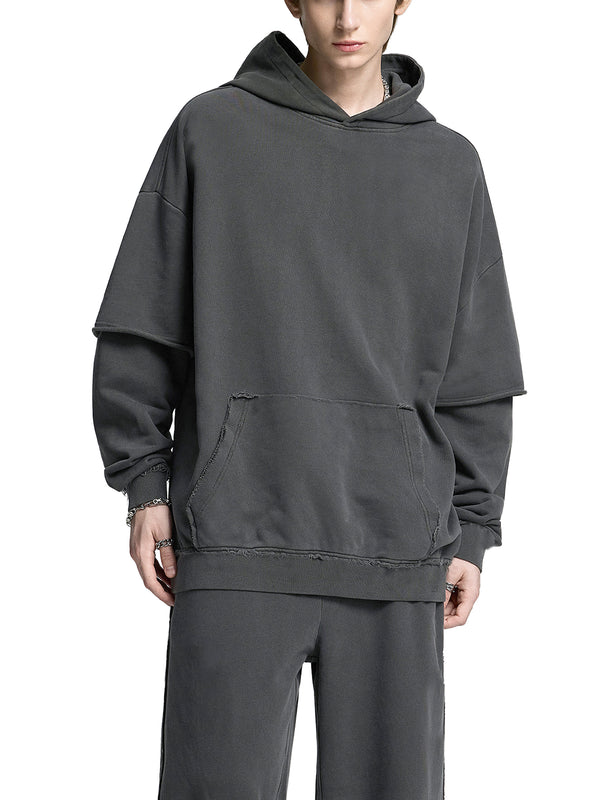 Snow Washed Raw Edge Double Layered Hoodie 10