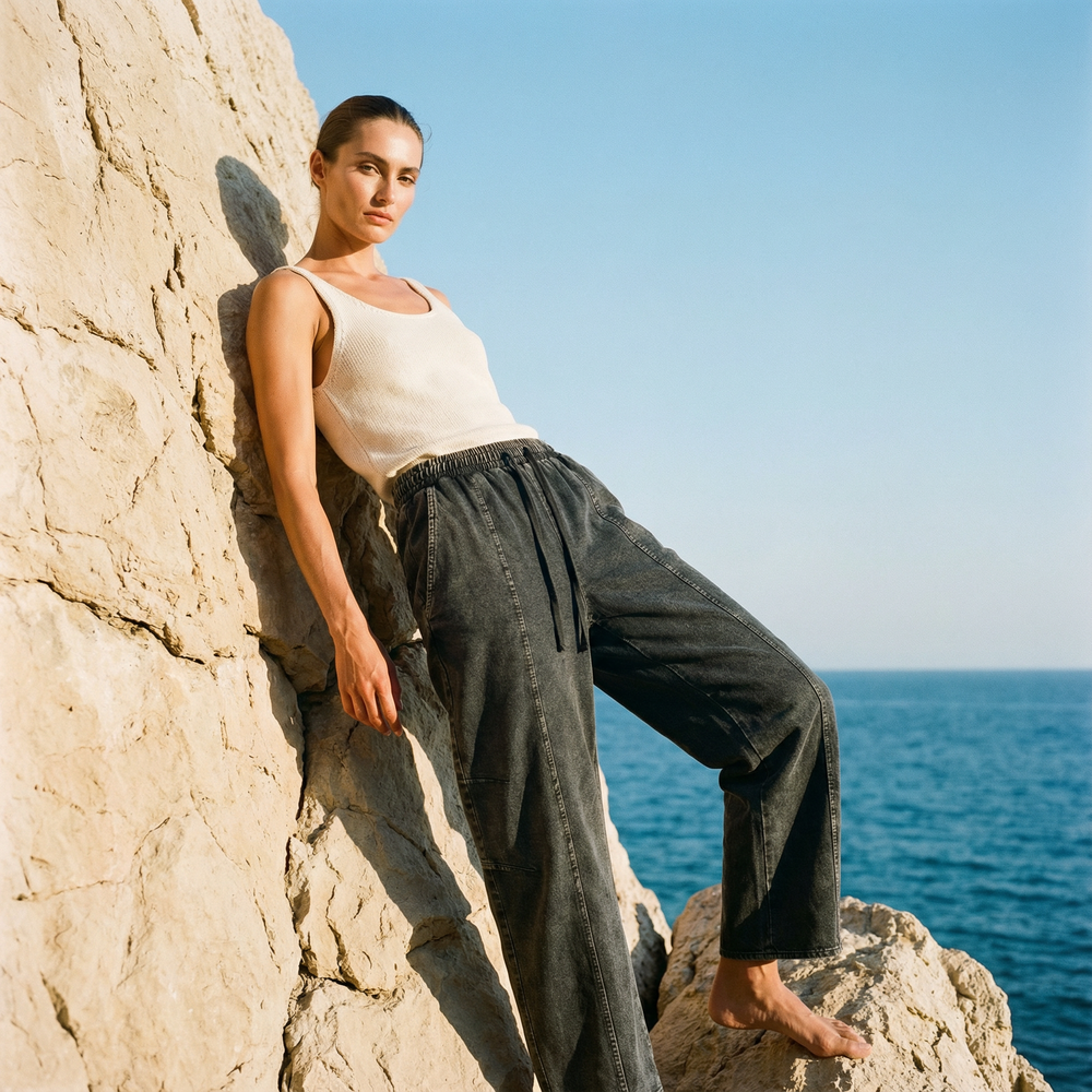 Snow Wash Drawstring Cotton Pants